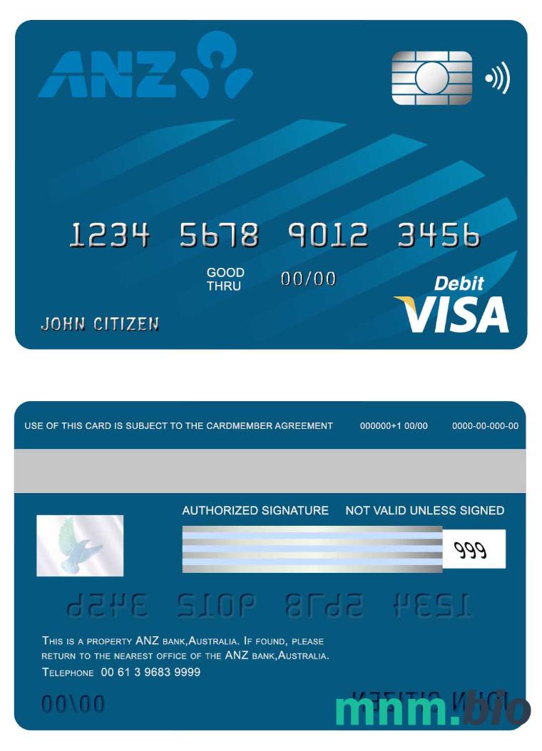 Australia ANZ bank przykład karty visa w formacie PSD